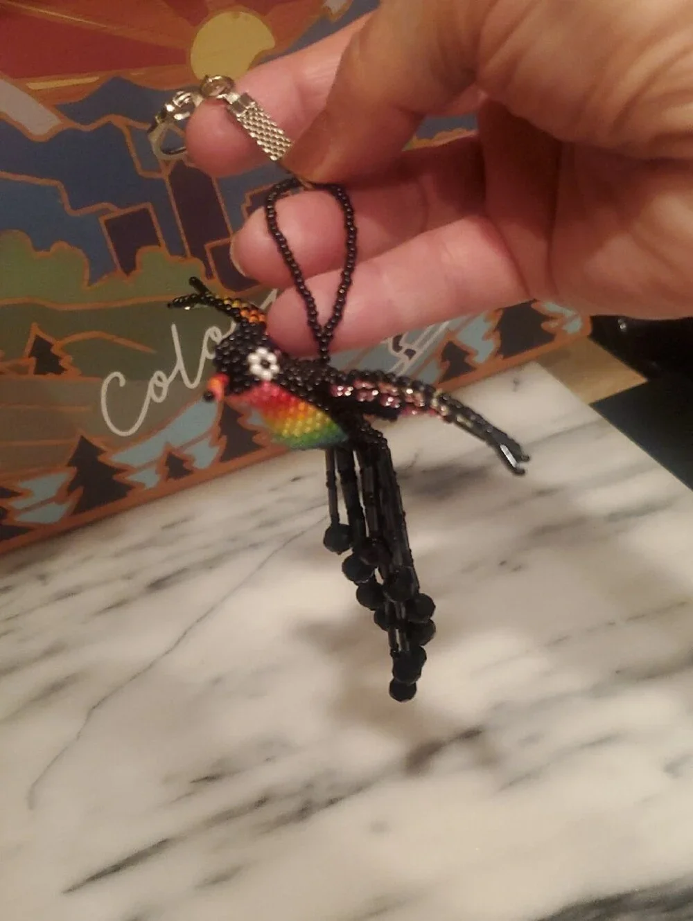 Handcrafted Rainbow Beaded Bird Keychain- Black Accents